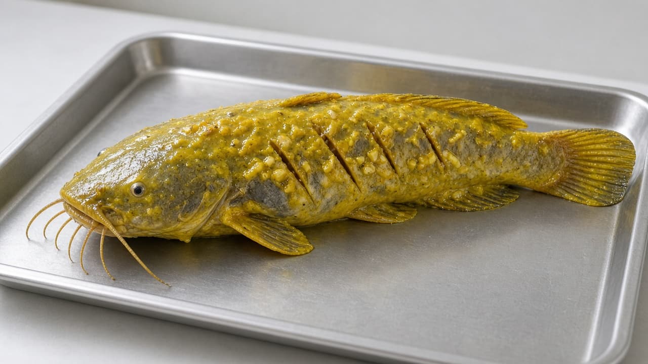 Lele utuh yang sudah dibumbui kuning, belum digoreng, di atas loyang